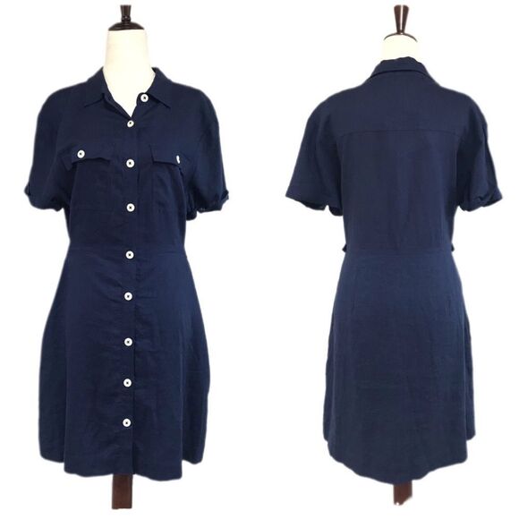 Navy Blue 100% Linen Short Sleeve Button Front Dress Classic Midi Size Large New - Picture 1 of 12